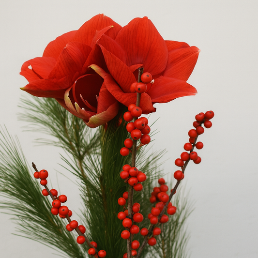 Punainen leikkoamaryllis ilex marjoilla